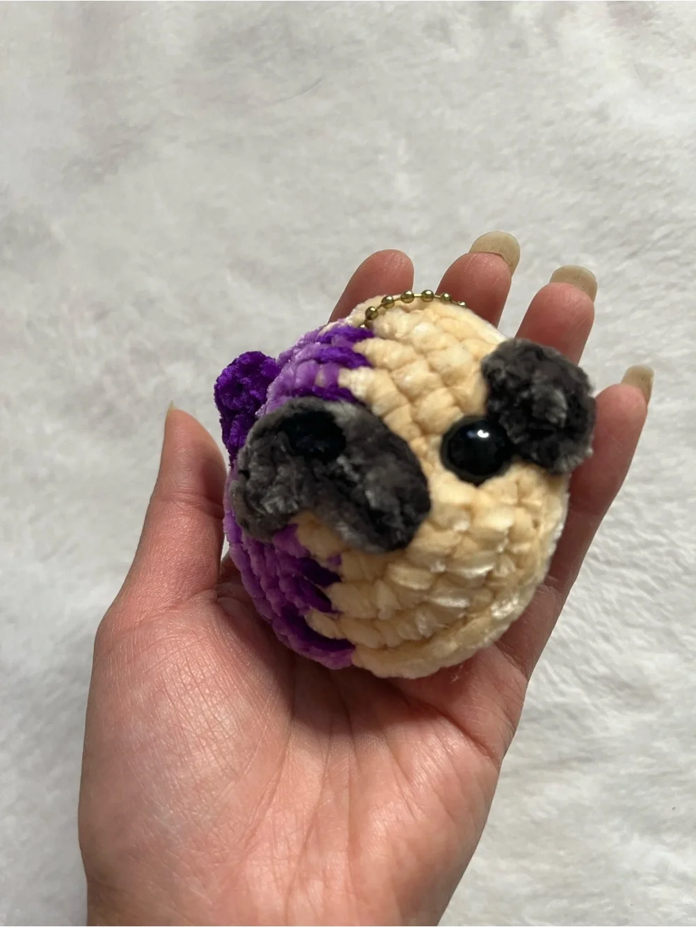 Pug zombie half purple zombie w/ x eyes half fawn Pug Keychain handmade crochet